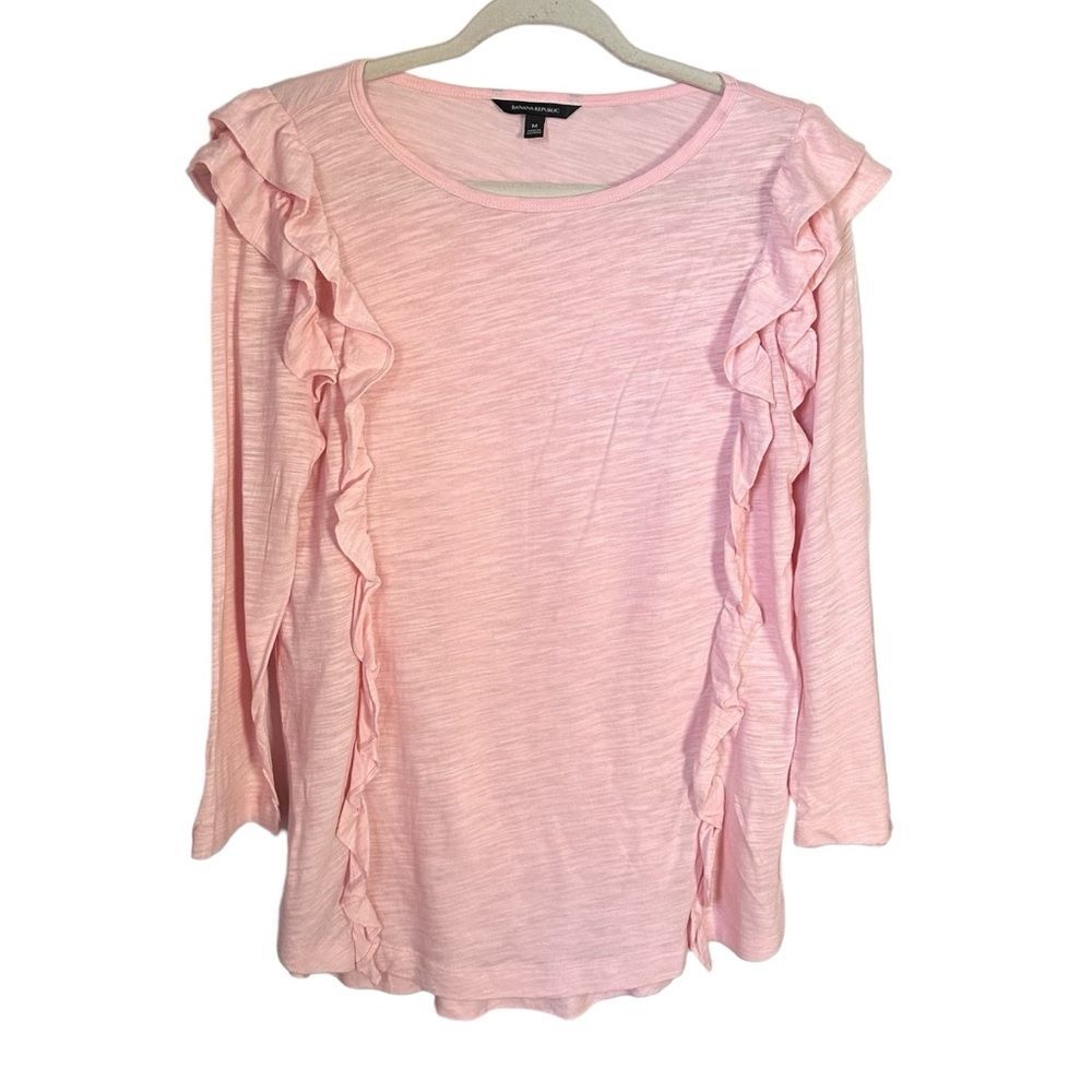 Banana Republic Women’s Sz M Pink Blouse 3/4 Sleeve Cotton Blend Ruffle Accent